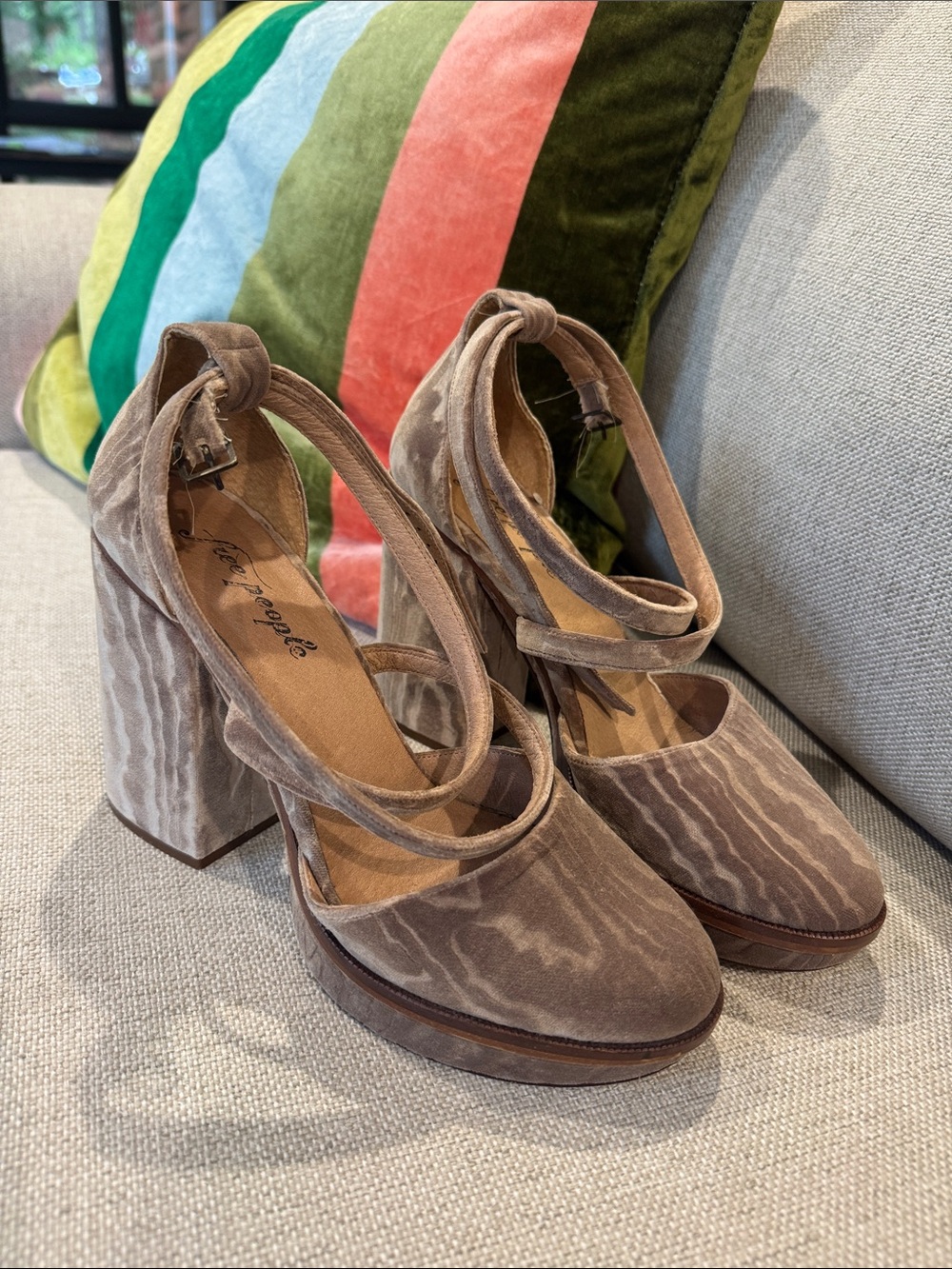 Free People Taupe Patterned Velvet Platform Mary Jane Heels